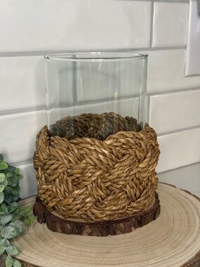 Handwoven Natural Seagrass Glass Hurricane - Home Accents